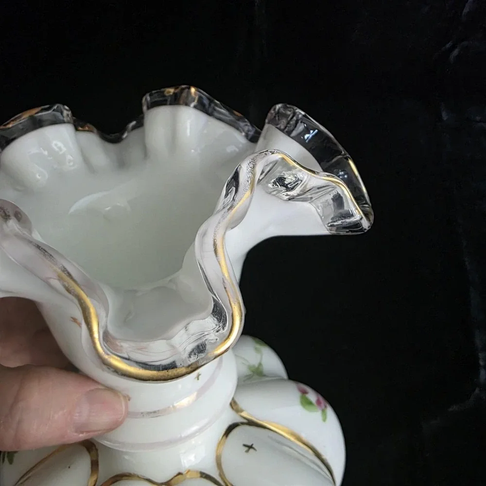 Fenton Hand Painted 1940's Charleton Roses Bow Tie Melon Vase‎ Gold Rim 8